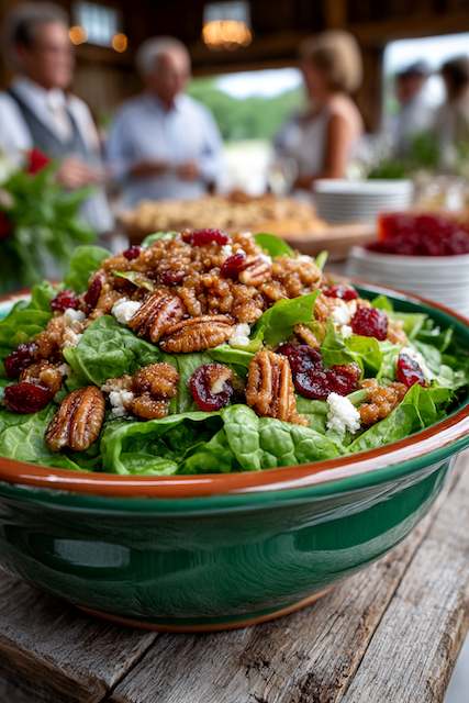 Mixed Greens With Candied Pecans, Goat Cheese, And Dried Cranberries A vibrant salad with fresh greens, candied pecans, cranberries, and goat cheese, beautifully arranged in a green bowl at a rustic barn wedding reception