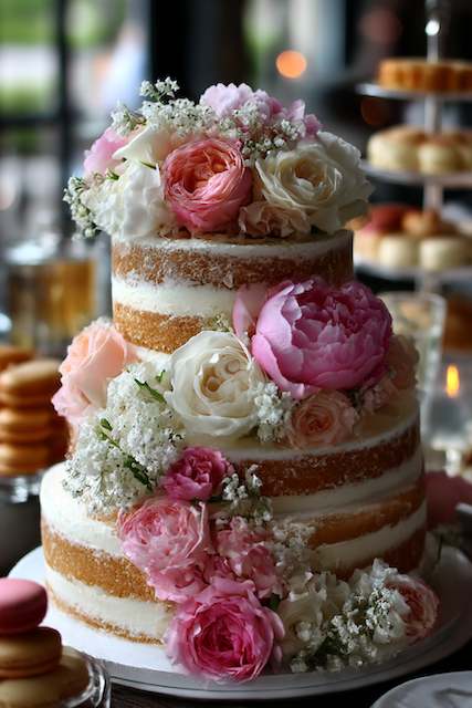 Naked Wedding Cake With Fresh Flowers A beautiful three-tier naked wedding cake adorned with soft pink peonies, white roses, and sprigs of baby’s breath, placed on a rustic wooden table with a warm, cozy ambiance in the background.