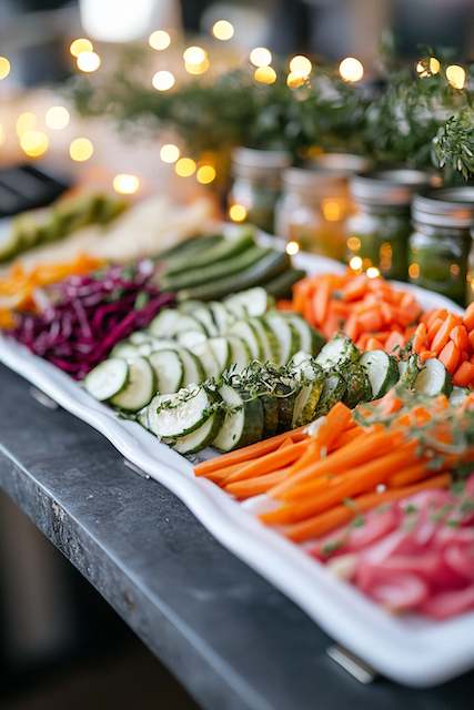Pickled Vegetables Colorful wedding veggie bar display with sliced cucumbers, carrots, radishes, and purple cabbage, styled with twinkle lights.