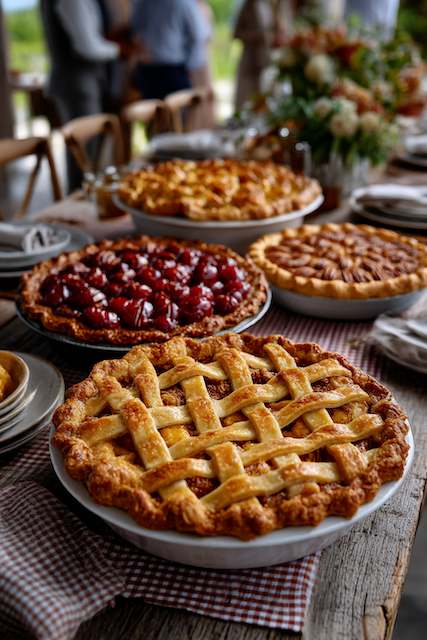 Pies A variety of freshly baked pies, including lattice-topped cherry, apple, and pecan pies, displayed on a rustic table with checkered cloth