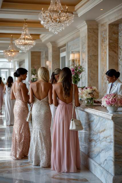 Bridesmaids in elegant blush and champagne gowns standing at a marble reception counter with floral arrangements in a luxurious wedding venue
