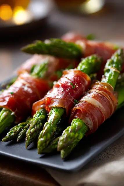 Prosciutto-Wrapped Asparagus Prosciutto-wrapped asparagus spears, oven-roasted until crispy and tender, garnished with fresh herbs on a black serving platter