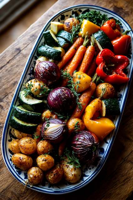 Roasted Seasonal Vegetables A beautifully plated assortment of roasted vegetables including carrots, zucchini, red and yellow bell peppers, and baby potatoes, garnished with fresh herbs, perfect for a rustic barn wedding.