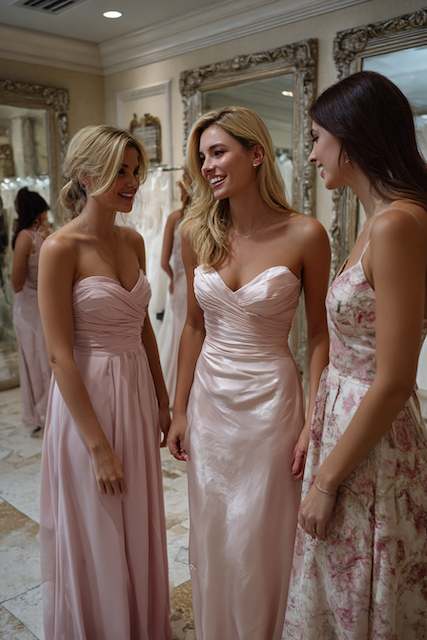 Bridesmaids in blush pink dresses smiling and chatting together in a bridal boutique with wedding gowns displayed in the background