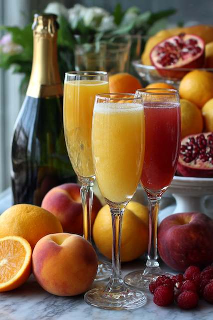 Signature Sips Brunch Cocktails Three champagne flutes with orange and berry mimosas among fresh oranges peaches raspberries and a champagne bottle
