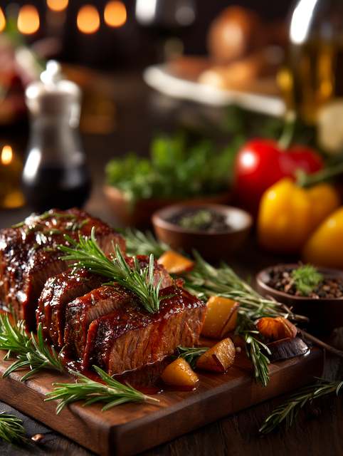Slow-Cooked Beef Brisket Slow-cooked beef brisket glazed with rich barbecue sauce, garnished with fresh rosemary and roasted vegetables on a wooden cutting board—ideal for a rustic barn wedding menu centerpiece.
