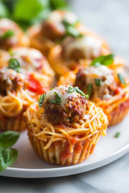 Spaghetti & Meatball Bites Mini spaghetti and meatball bites served in muffin cups, topped with marinara sauce, melted cheese, and fresh basil — a clever, mess-free twist on the Italian classic that’s perfect for late-night wedding snacking.