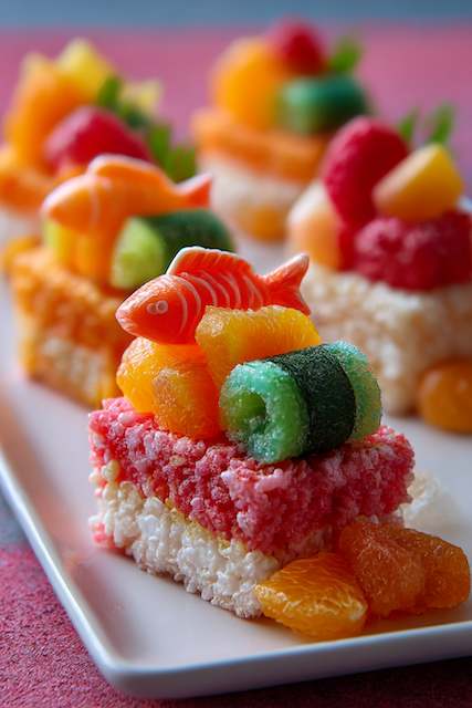 “Sushi” made from candy (Rice Krispies as rice, Swedish Fish, fruit roll-ups) Sweet sushi made from Rice Krispies treats, Swedish Fish, and fruit roll-ups, designed to resemble sushi rolls for a fun and creative late-night wedding snack