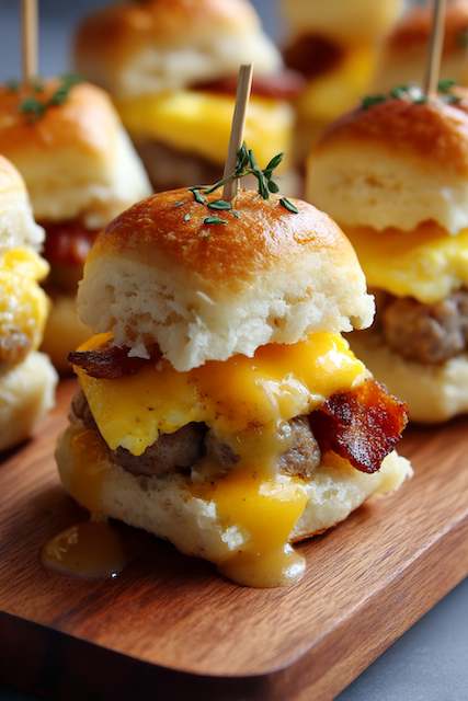 Sweet & Savory Bites Mini breakfast sliders made with fluffy biscuits, sausage patties, crispy bacon, and melted cheddar topped with fresh thyme