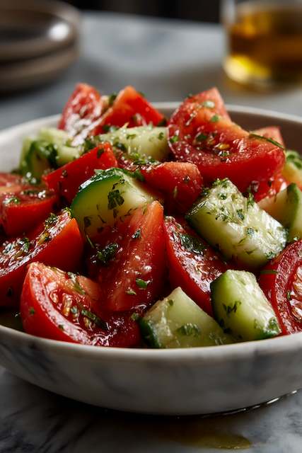 Tomato And Cucumber Salad With Fresh Herbs A fresh tomato and cucumber salad, garnished with herbs, served in a rustic bowl at a wedding reception