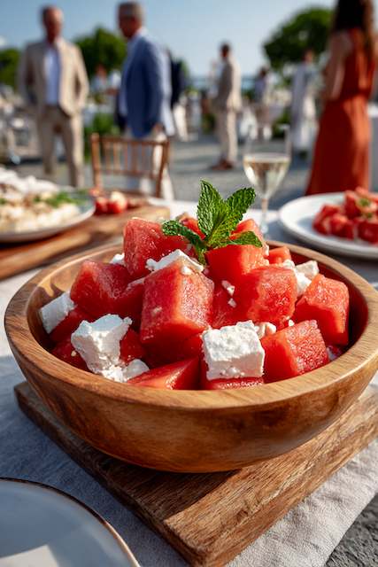 Watermelon, Feta, And Mint Salad A refreshing watermelon and feta salad, topped with fresh mint, served in a wooden bowl at a rustic outdoor wedding reception