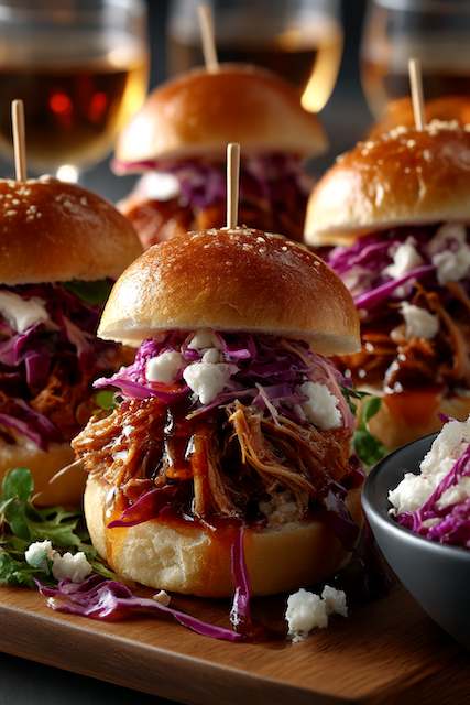 Mini Pulled Pork Sliders Pulled pork sliders on brioche buns topped with purple slaw and crumbled cheese, drizzled with barbecue sauce, served at a rustic barn wedding reception.