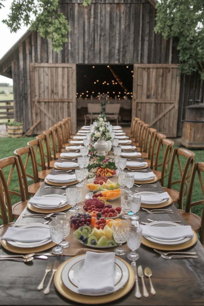barn wedding food Rustic barn wedding table with long wooden setup, elegant dinnerware, floral centerpiece, and fresh fruit platters under twinkle lights.