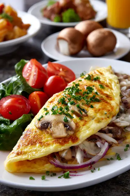 brunch food ideas Mushroom and onion omelet topped with chives, served with cherry tomatoes and mixed greens on a white plate