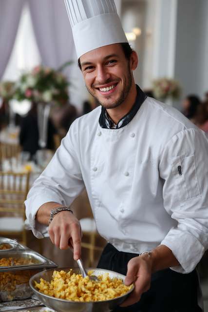 chef making eggs to order Smiling chef in white uniform and hat serving scrambled eggs at a wedding brunch buffet with elegant table setup.
