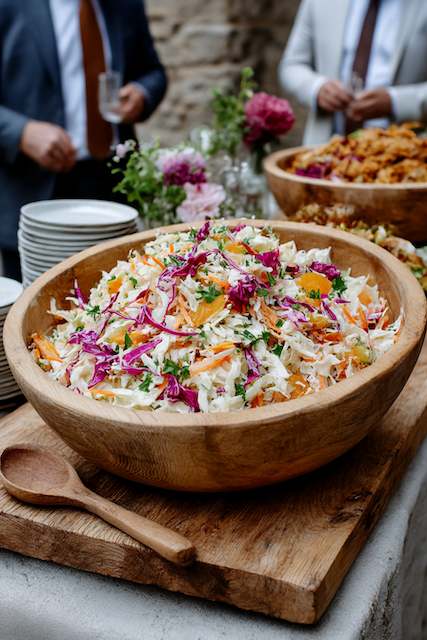 coleslaw Fresh coleslaw made with shredded cabbage, carrots, and purple cabbage, served in a rustic wooden bowl, perfect for a barn wedding reception