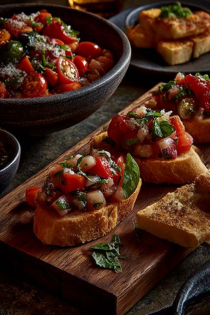 farm-to-table displays with bruschetta on wooden board Bruschetta at a wedding food station, tomato basil on toasted baguette with salad bowl and crostini on a wooden board.
