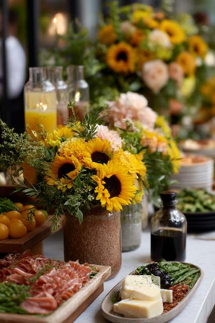 food station with fresh floral touches Sunflower centerpiece beside prosciutto, cheeses, herbs and citrus at a styled wedding food station with candles and sauces.