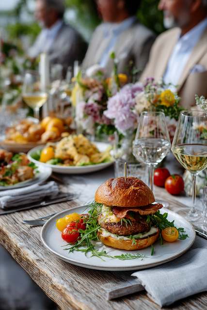 hamburgers as entree for barn wedding food Gourmet burger on brioche bun topped with arugula, bacon, and melted cheese, served with cherry tomatoes and white wine at an elegant rustic barn wedding reception table.