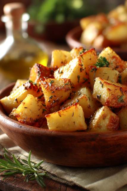 home fries Crispy herb roasted breakfast potatoes in a wooden bowl, golden edges with parsley, perfect side for a brunch wedding buffet