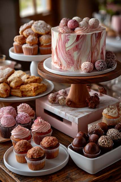 multiple level vertical cake and dessert display Marbled pink and white cake on pedestal with truffles cupcakes and pastries on a tiered wedding dessert station