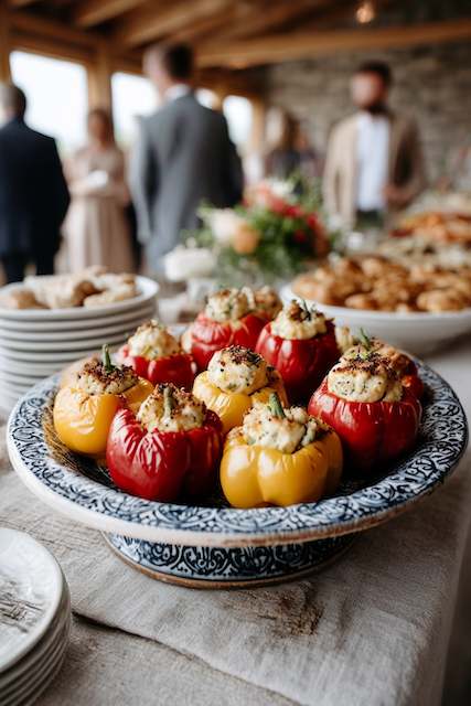 oven roasted stuffed peppers Stuffed red and yellow bell peppers served on a decorative plate, filled with a savory stuffing, perfect for a rustic barn wedding appetizer