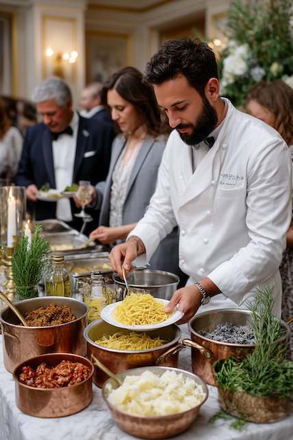 romantic Italian pasta bar with artisanal sauces and premium toppings Chef plates fresh pasta at an elegant wedding station with copper pots, sauces and herbs, guests in formal attire behind.