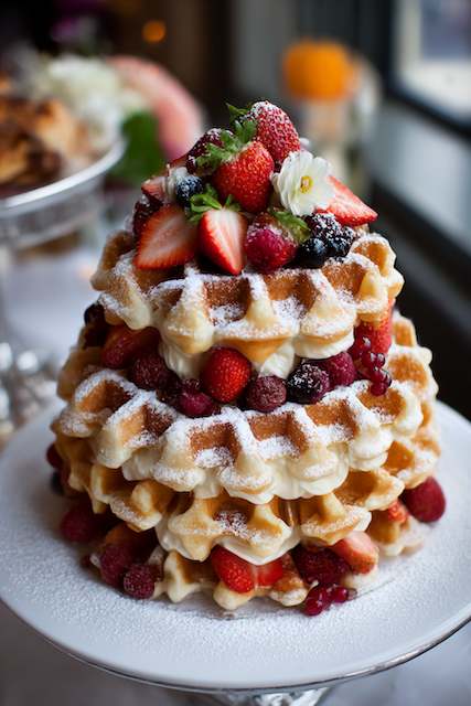 waffle cake Tiered waffle wedding cake layered with whipped cream and fresh berries on a cake stand, dusted with powdered sugar