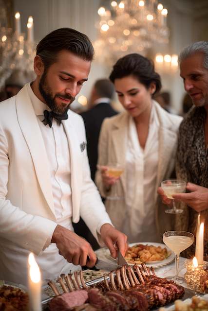wedding carving station Man in white tuxedo carves rack of lamb at elegant wedding station as guests sip champagne amid candlelight and chandeliers.