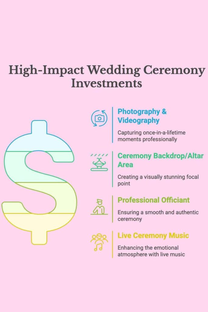 wedding ceremony budget breakdown Infographic listing high impact wedding ceremony investments photography videography ceremony backdrop professional officiant live music.