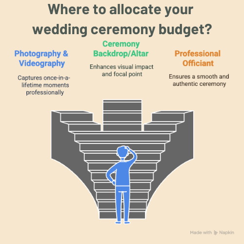 wedding ceremony budget Infographic showing top ceremony budget splurges Photography and Videography, Ceremony Backdrop or Altar, and a Professional Officiant