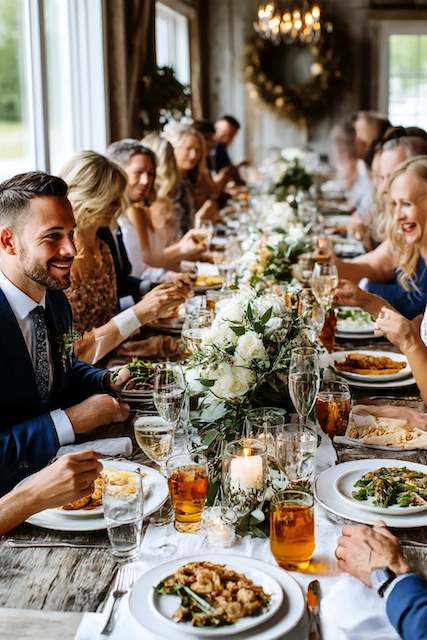 wedding guests enjoying barn wedding food Guests enjoying a rustic barn wedding reception, with a long dining table adorned with white flowers, candles, and elegant place settings, while toasting and sharing a meal