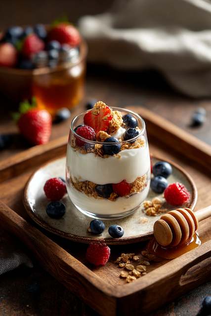 yogurt parfait Yogurt parfait with granola blueberries raspberries and strawberries with honey dipper on wooden tray for a brunch wedding