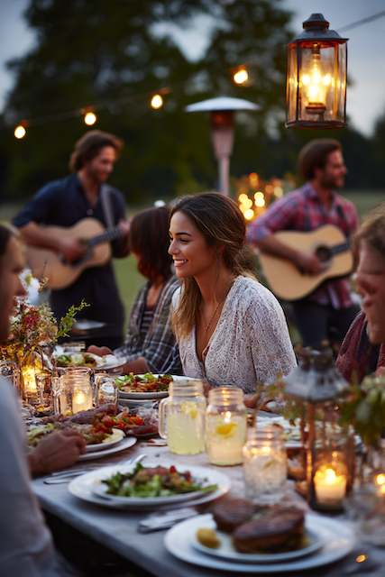 Backyard Cookout Outdoor wedding reception with guests enjoying a meal at a long table under string lights, while musicians play acoustic guitars.