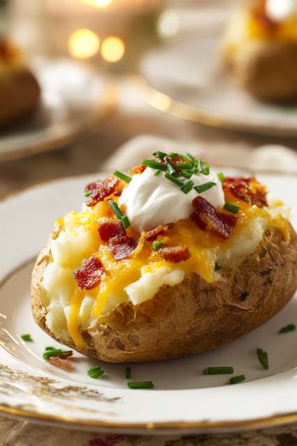 Baked Potato Bar Baked potato topped with melted cheese, crispy bacon, sour cream, and chives on an elegant china plate for a wedding event