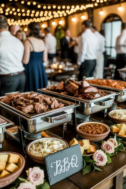 Barbecue Buffet BBQ buffet setup with pulled pork and sides, elegantly displayed in chafing dishes at a festive wedding reception