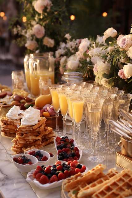 Breakfast-for-Dinner Buffet Elegant brunch setup with waffles, fresh berries, and glasses of orange juice, adorned by floral arrangements for a wedding reception
