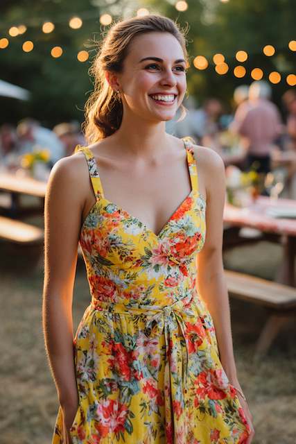 Bridesmaid at a rehearsal dinne wearing cotton sundress in a fun print Smiling bridesmaid in a yellow floral sundress at a rehearsal dinner, set in a beautiful outdoor venue with string lights in the background