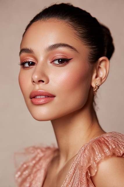 Bridesmaid weaing Makeup Soft Glam That Lasts Bridal makeup look with soft glam featuring winged eyeliner, glowing skin, and a sleek updo hairstyle