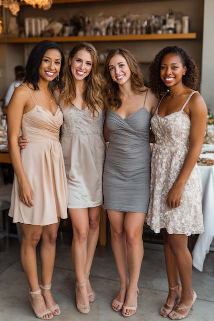 Bridesmaids in dress with all year around neutral colors Bridesmaids posing together, each in a different light-colored dress, smiling at the rehearsal dinner
