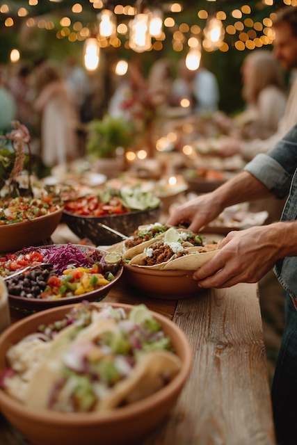 Build-Your-Own Taco Bar Guests serve themselves from a vibrant taco bar with fresh toppings during a cozy and rustic wedding reception