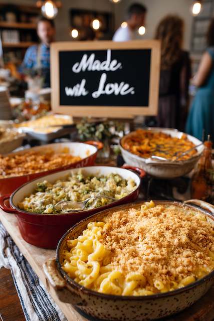 Casserole Buffet Casserole buffet with a variety of baked dishes labeled "Made with Love," set on a wooden table for a cozy wedding feast.