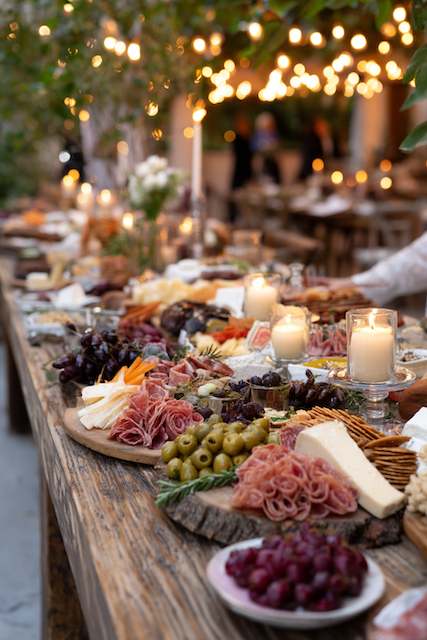 Charcuterie and Cheese Grazing Tables rustic wooden table adorned with a charcuterie spread featuring meats, cheeses, olives, and grapes, under ambient string lights