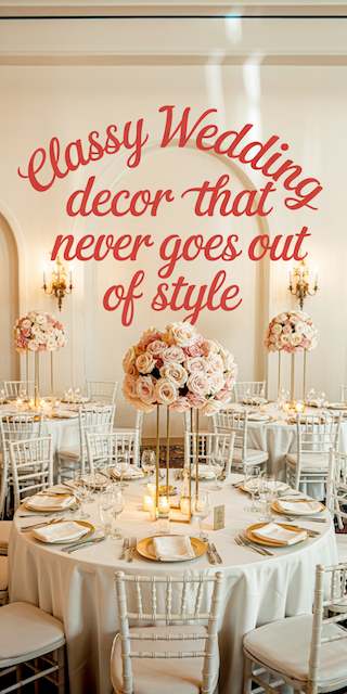 Classy Wedding Decor That Never Goes Out of Style Elegant wedding reception with tall blush rose centerpieces, gold stands, ivory linens, white chiavari chairs, and candlelit tables.