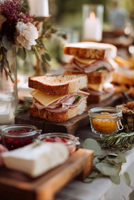 DIY Sandwich Bar DIY sandwich bar setup with artisanal breads, meats, cheeses, and condiments, elegantly arranged for a rustic wedding reception