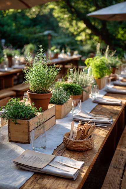 Eco-Friendly Wedding Rustic wedding table setting with wooden crates filled with herbs, woven baskets, and soft lighting in a natural outdoor setting.