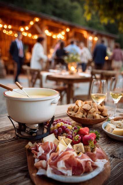 Fondue setup with cheese and dippables like bread and fruits on a wooden table, surrounded by ambient lights for an outdoor wedding. Fondue setup with cheese and dippables like bread and fruits on a wooden table, surrounded by ambient lights for an outdoor wedding.