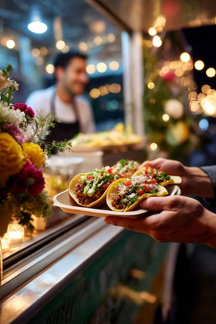 Food Truck Catering Hands holding a plate of tacos in front of a food truck, beautifully decorated with flowers, creating a festive wedding vibe.
