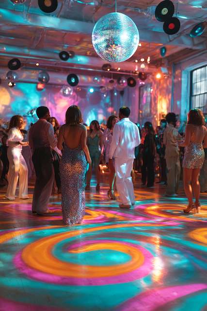 Groovy Wedding Retro disco-inspired wedding dance floor with colorful swirling lights, disco ball, and guests in 70s-style outfits dancing under vibrant neon glow
