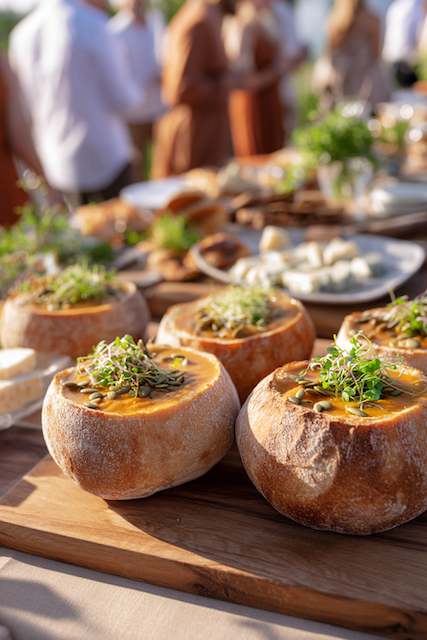 Hearty Soup and Bread Station Bread bowls filled with hearty soup and garnished with microgreens on a wooden table, creating a warm, inviting dining setup.